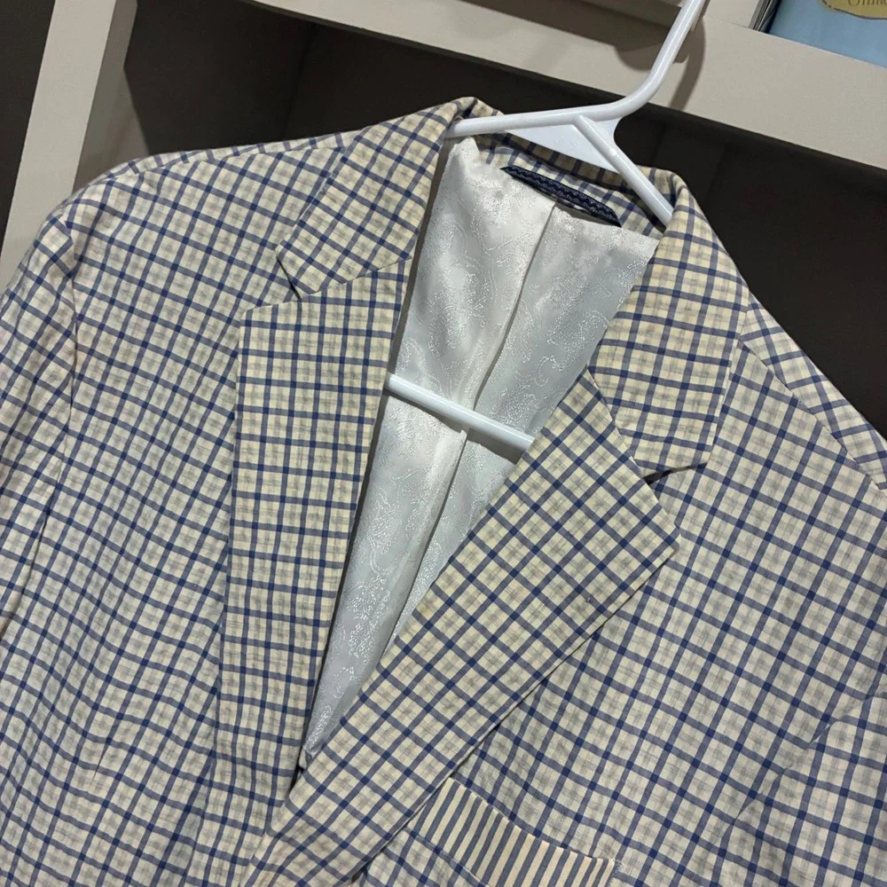 Robert Graham Mens Blue Cream Check Cotton Sport Coat Blazer 40 Paisley Lining